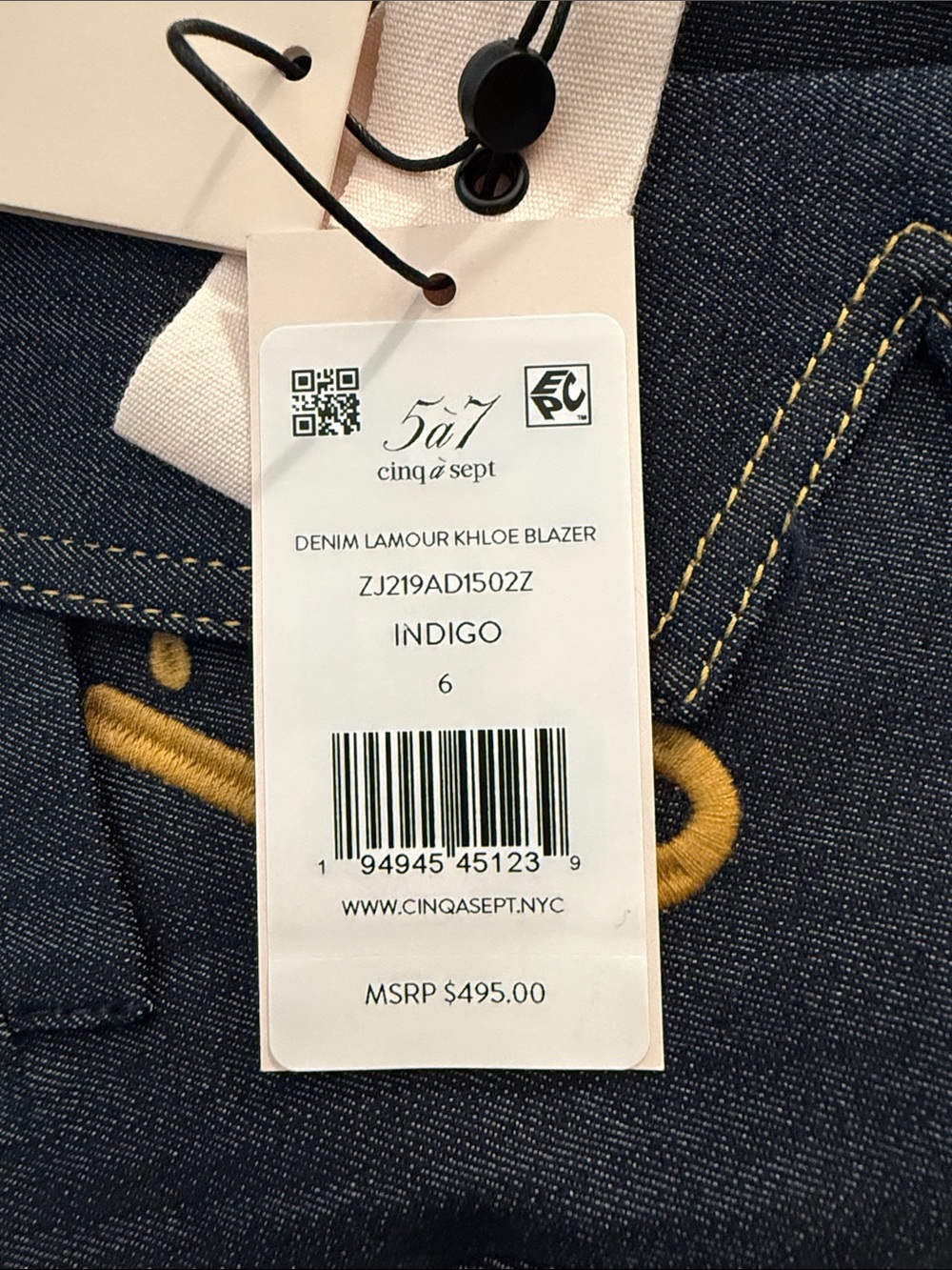 cinq a sept Navy Denim Blazer with Gold Script Embroidery - Picture 6 of 6